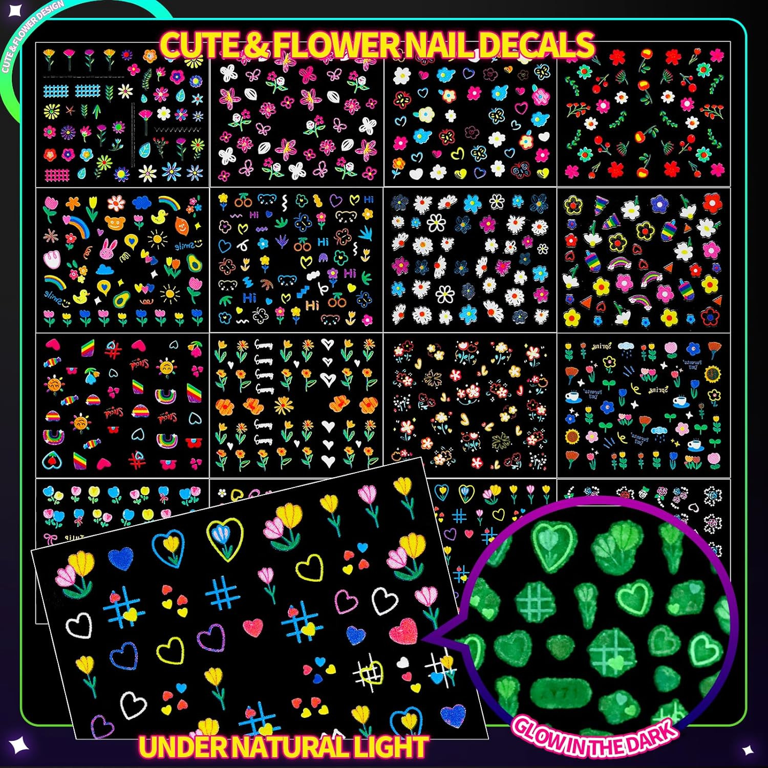 50 Sheets Glow in the Dark Nail Stickers for Kids, Girls Flower Nail Art Sticker