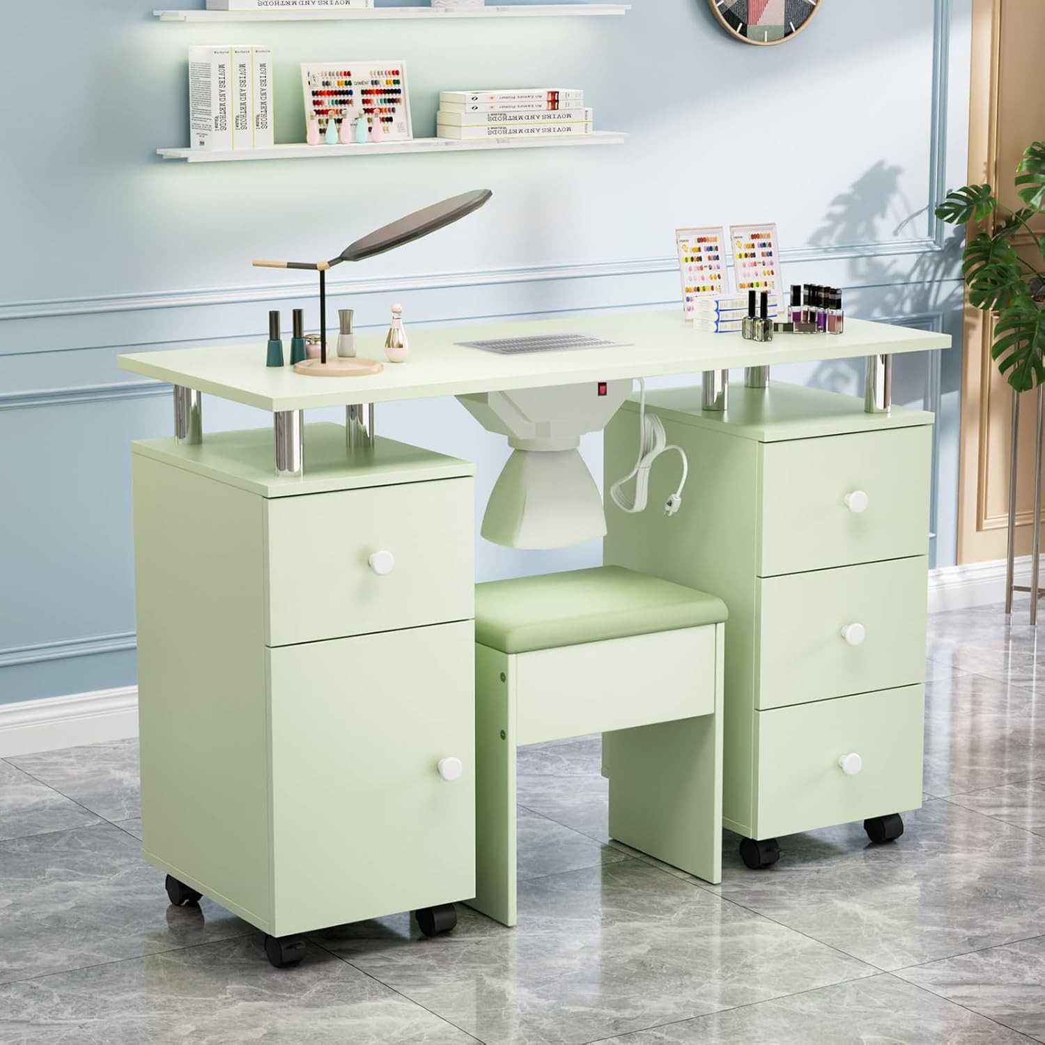Nail Desk and Chair Set, Manicure Table with Stool, Dust Collector for Beauty