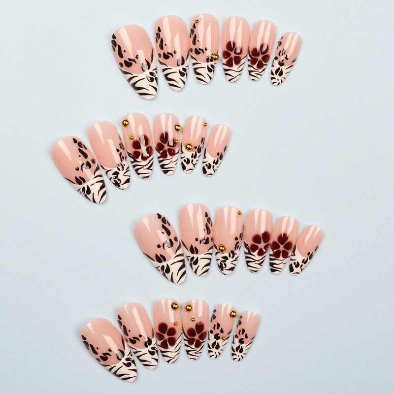 48Pcs-Long Almond Nude Zebra Print Burgundy Flower Gold Stud Press on Nails Set