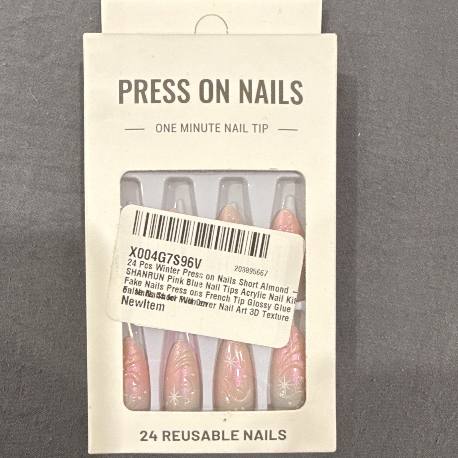 24 Acrylic Press-On Nails Short Almond Pink/Beige Glitter Stars Pre-Designed