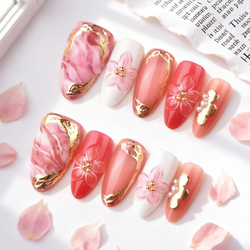60Pcs-Pink Ombre Marble 3D Flower Almond Press on Nails Gold Edge Fake Tips