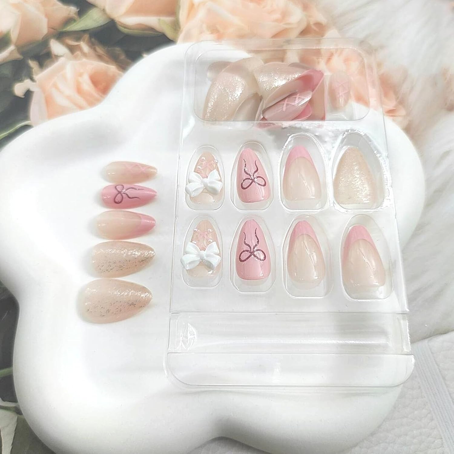 on Nails Short Almond Fake Nails with Designs Pink Nails Press