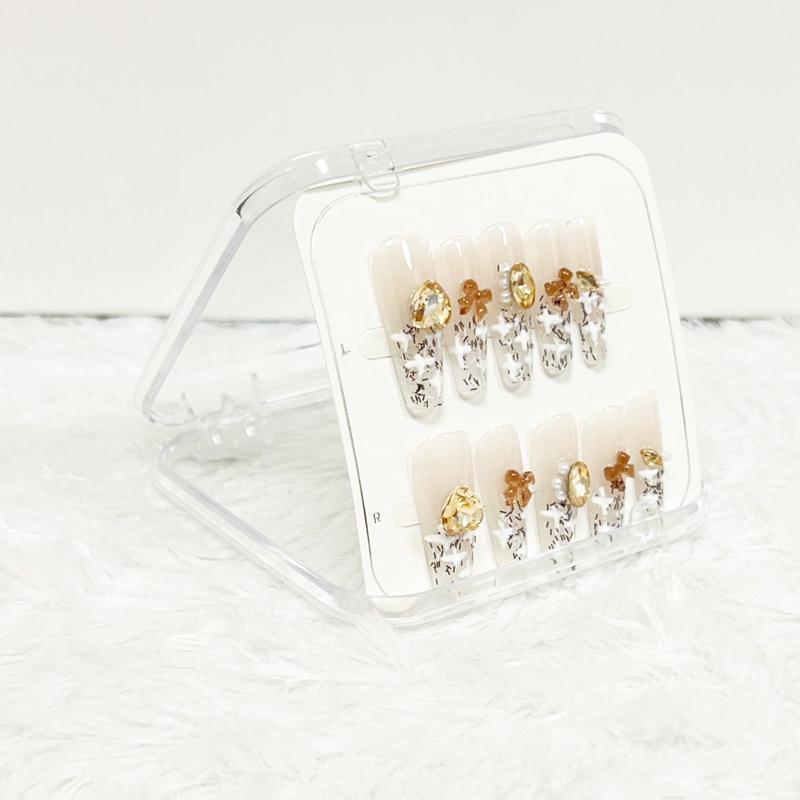 Caramel Latte Sprinkle Handmade Press On Nails Long Coffin Gold Glitter Size M