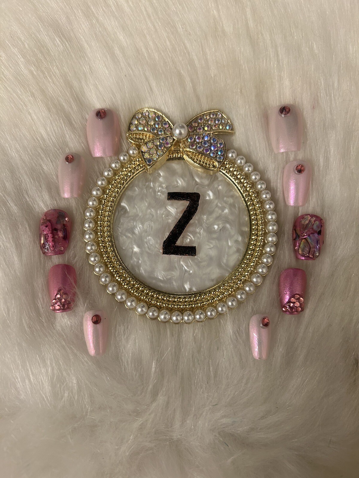 Z NAILZ!Handcrafted Set Of M Coffin Pink With Abalone Shell And Stones Press Ons