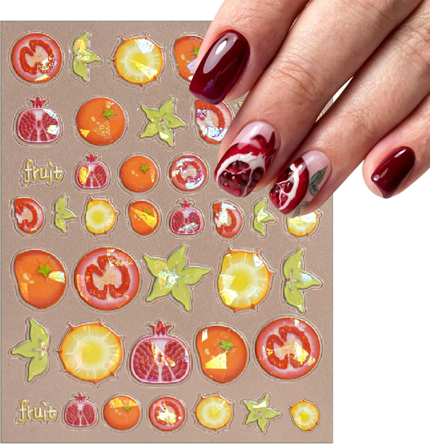 3 Sheets Summer Fruit Nail Art Stickers 5D Self-Adhesive Shell Light Embossed Le