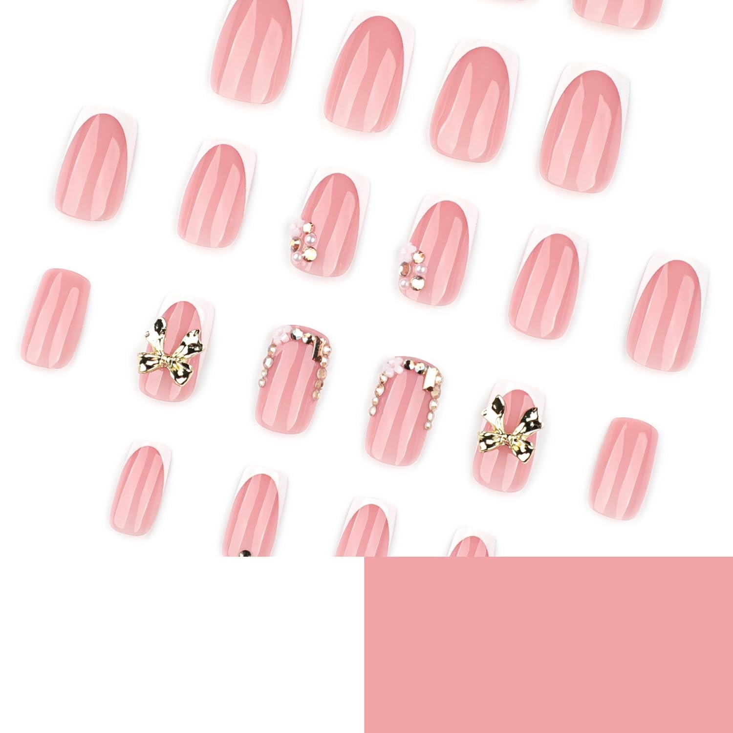 Spring French Press On Nails Medium Square Fake Nails Pink Full Cover False N…