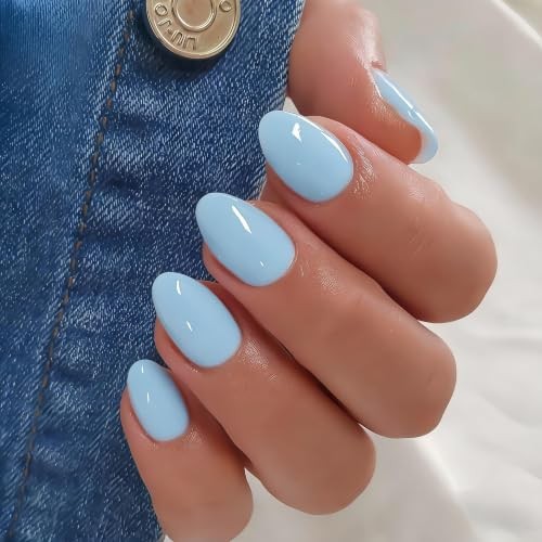 Pastel Soft Blue Press on Nails – Oval – 32 Pcs – 16 Sizes – Gel Fake