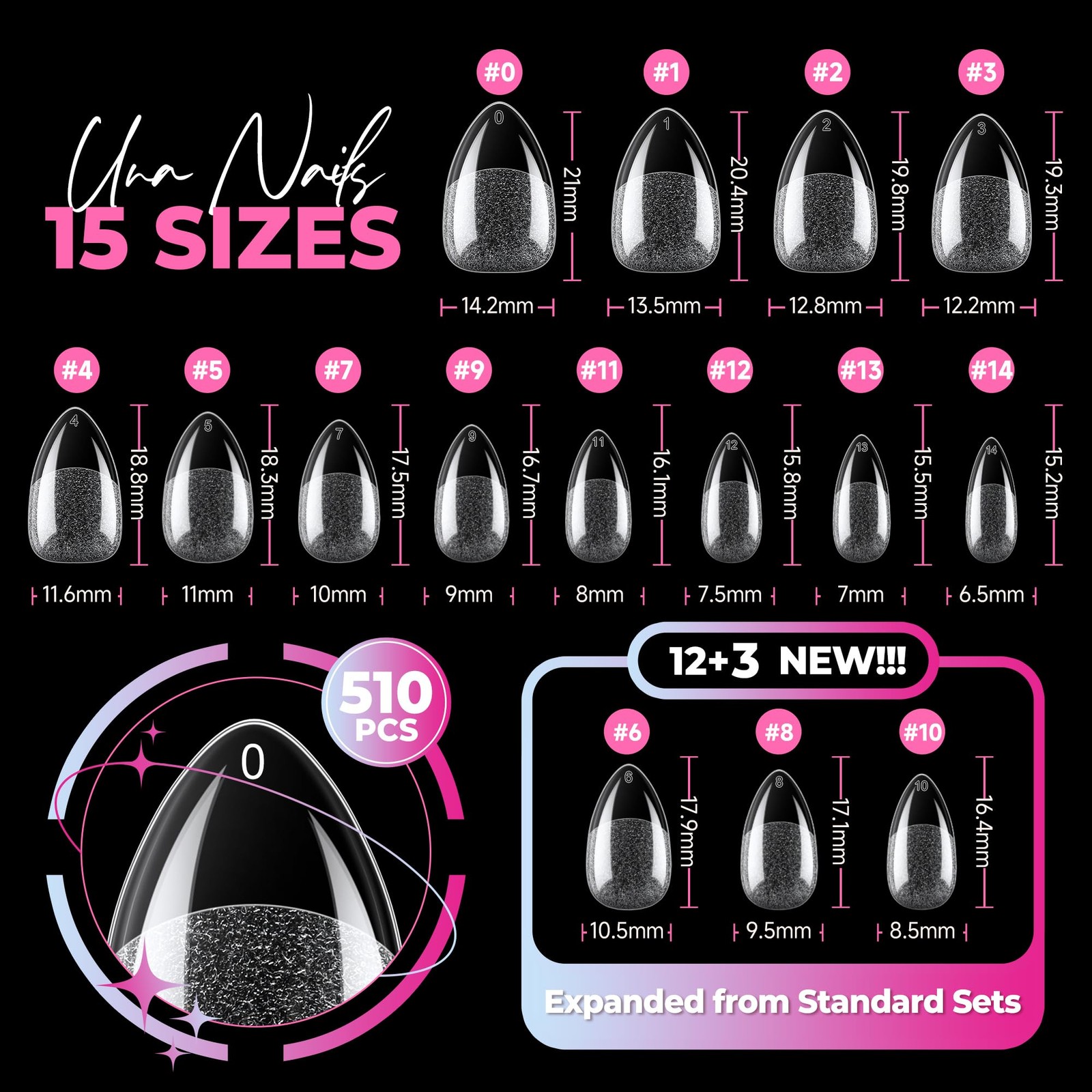 UNA GELLA Short Almond Nail Tips, 510Pcs 15 Sizes Pre-Etched 15 sizes, clear