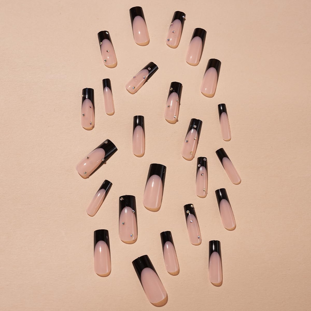 Press on Nails Long Coffin Black French Fake Nails, Rhinestones Acrylic Nails…