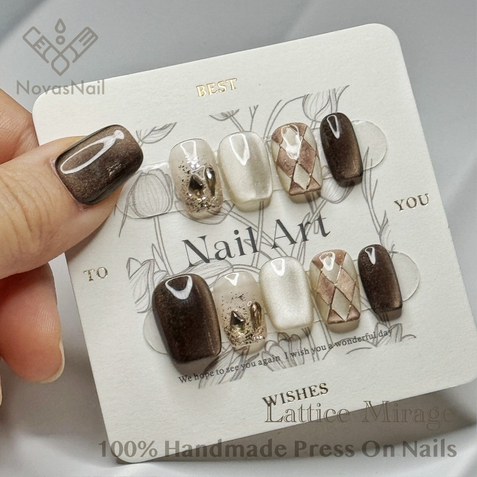 Lattice Mirage Cat Eye Press-On Nails | Duan Fang Square Shape | Handmade