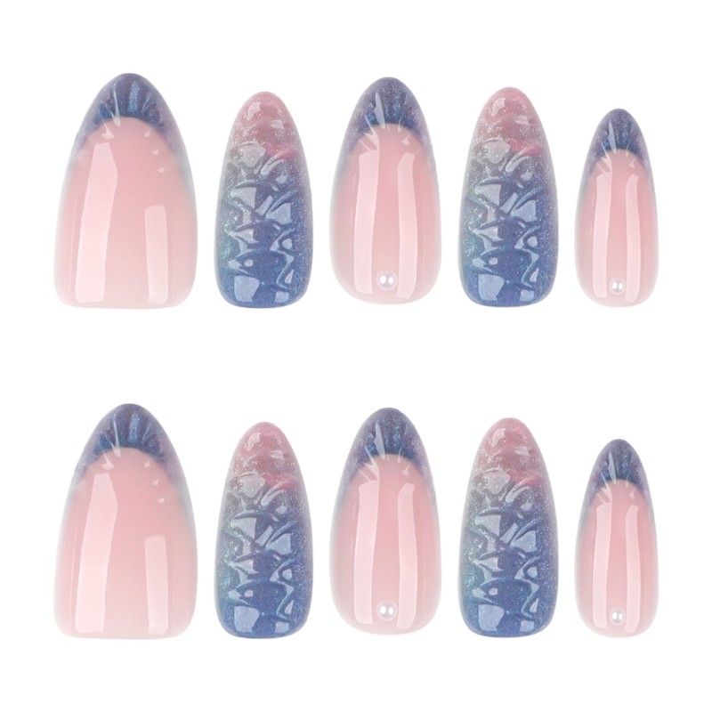 Salon Quality French Blue Fish Scale Press On Nail Almond Shape Easy To Apply