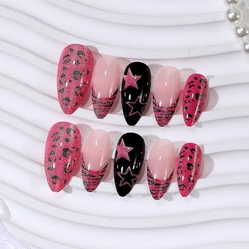 Jellyqueen Press on Nails Short Square Acrylic Purple Rose red Leopard pattern