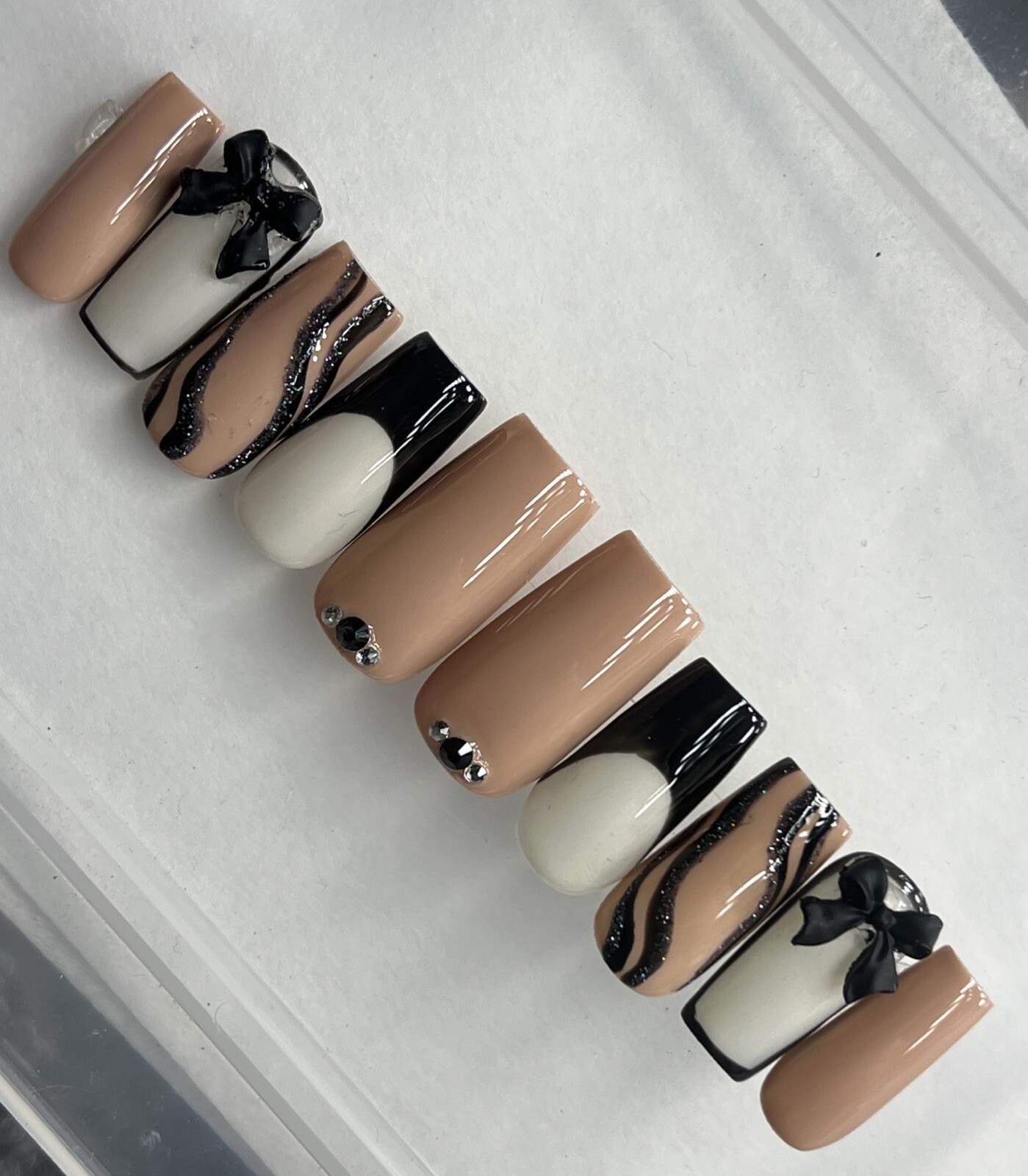 🤍🖤 CUSTOM Press On Nails FRENCH BLACK NUDE BLING 10p SET W Kit