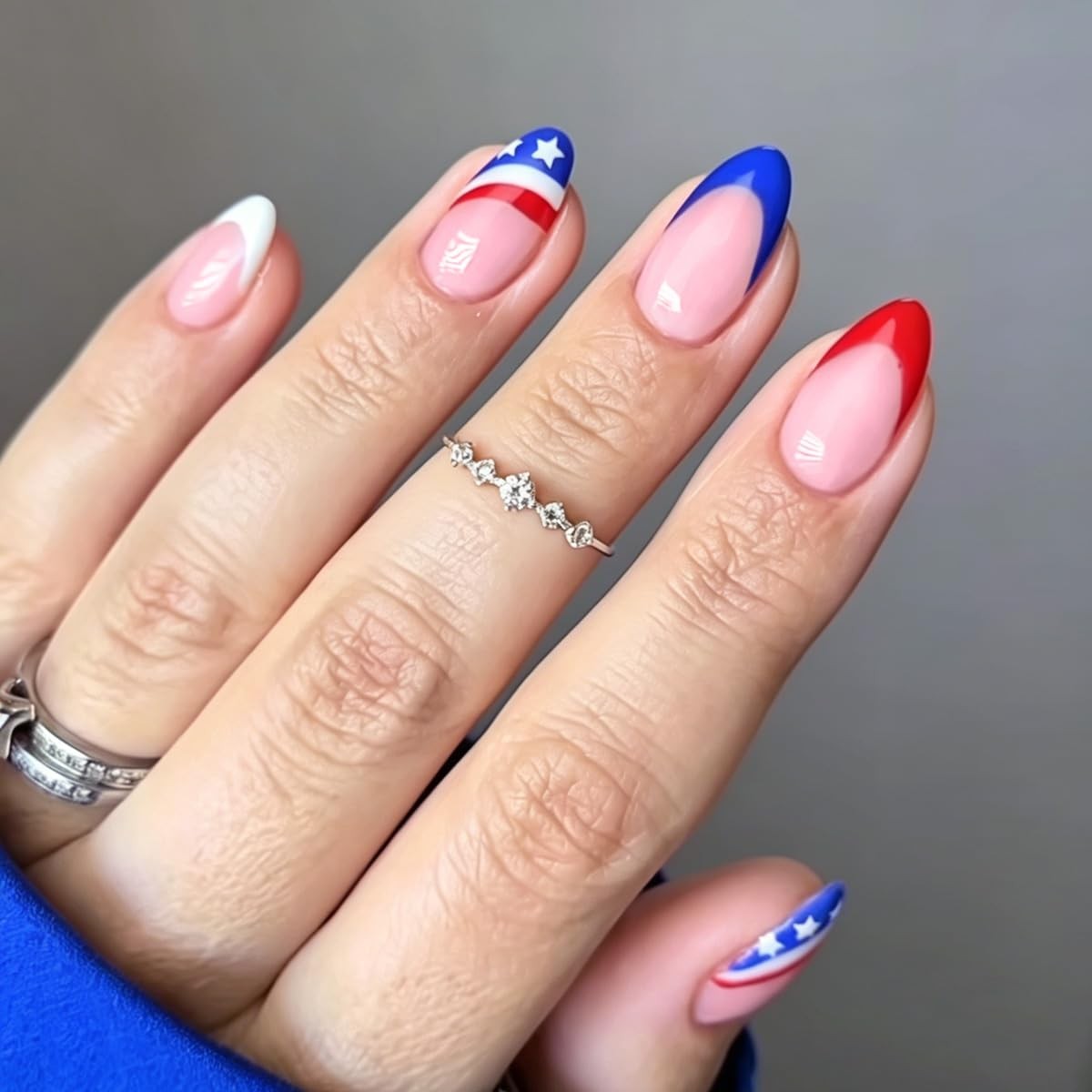 4th of July Press On Nails Blue Red Almond 24Pcs