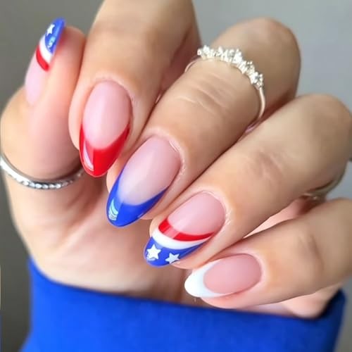 4th of July Press On Nails Blue Red Almond 24Pcs