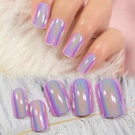 Metallic Mirror Press On Nails Purple False Nails Squoval Medium Lenght Nail