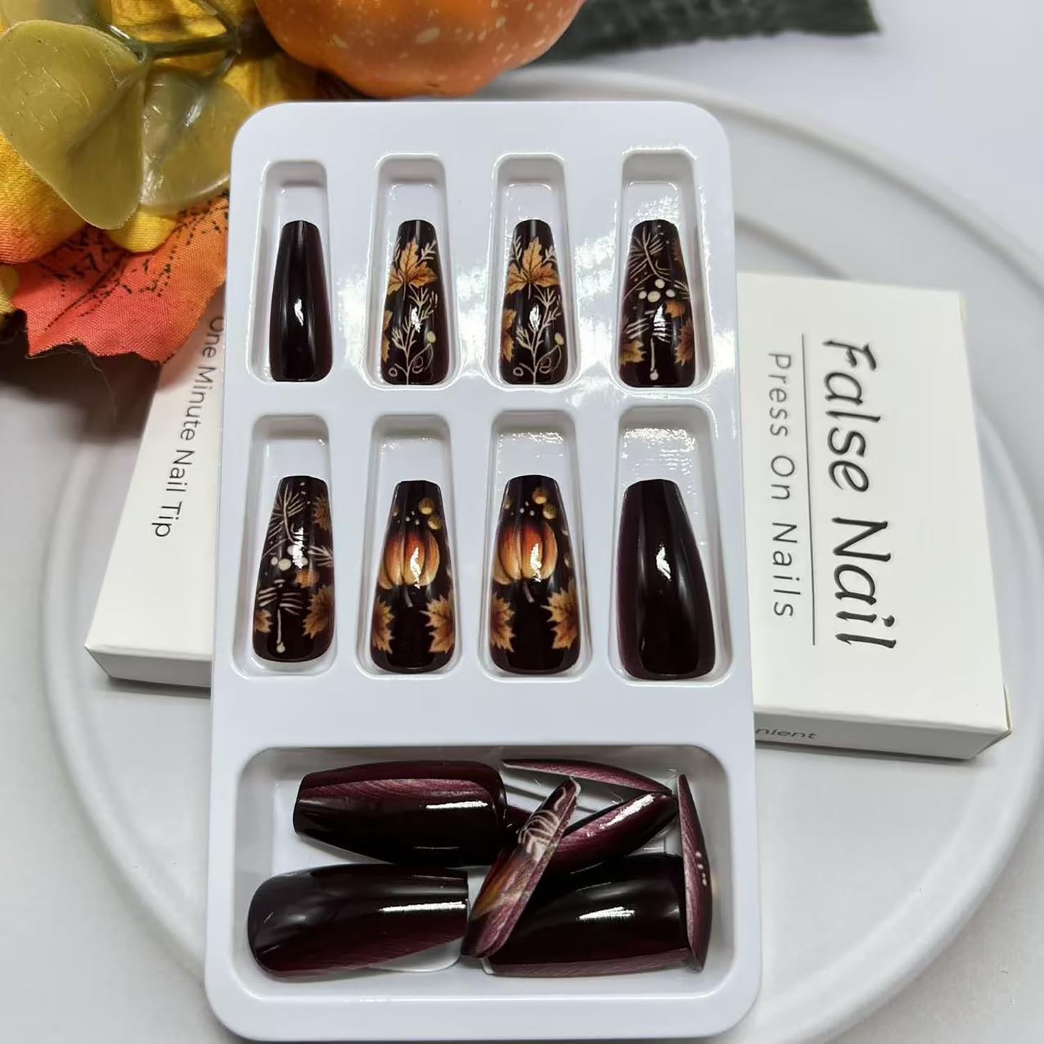 Fall Dark Red Press on Nails Medium Coffin Fake with Pumpkin Multicolor