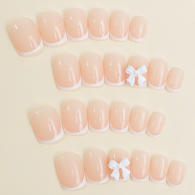 48pcs-Nude French Tip Press on Nail with 3D White Bows, Medium Square Fake Nails