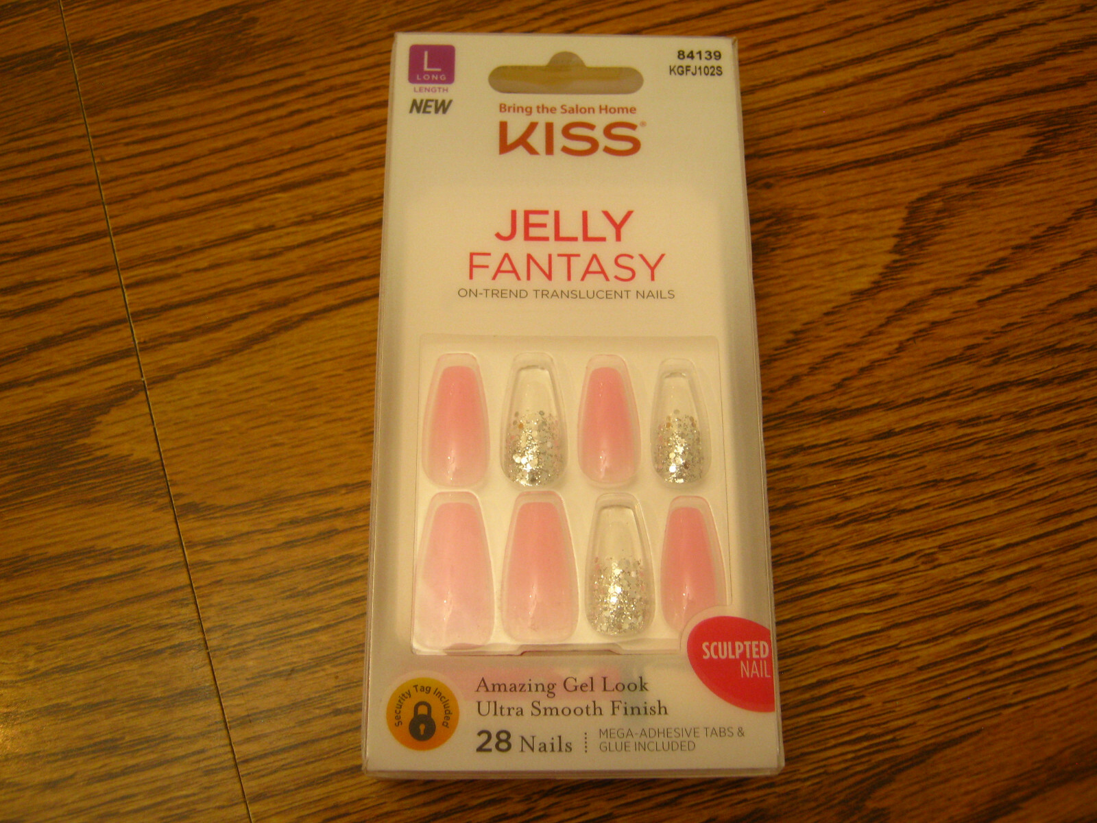 1 KISS JELLY FANTASY KGFJ102S 28 LONG NAILS Pink Silver Glitter 84139 Sculpted