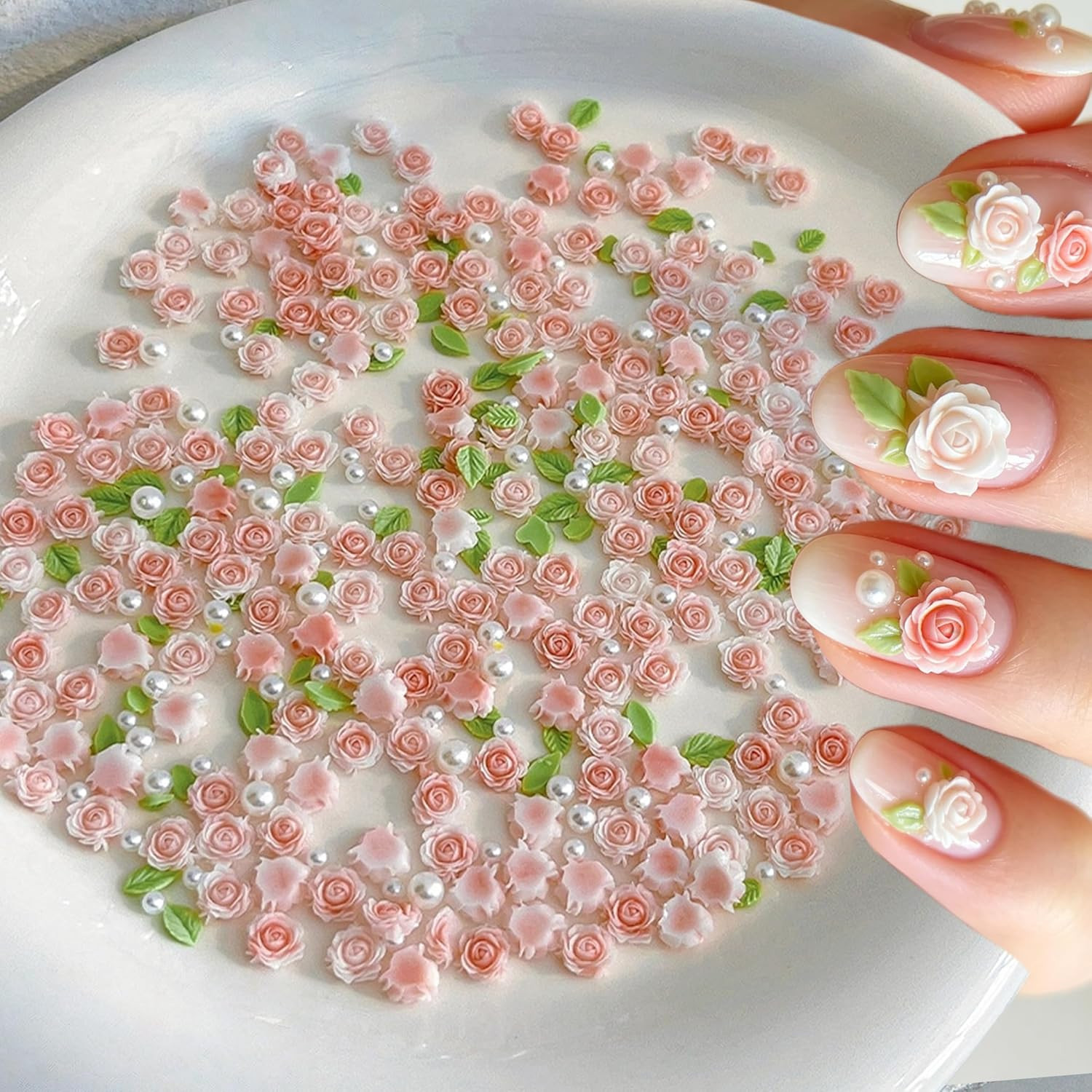 300Pcs 3D Pink Flower Nail Art Charms 3D Roses Flower Nails Rhinestones for Nail