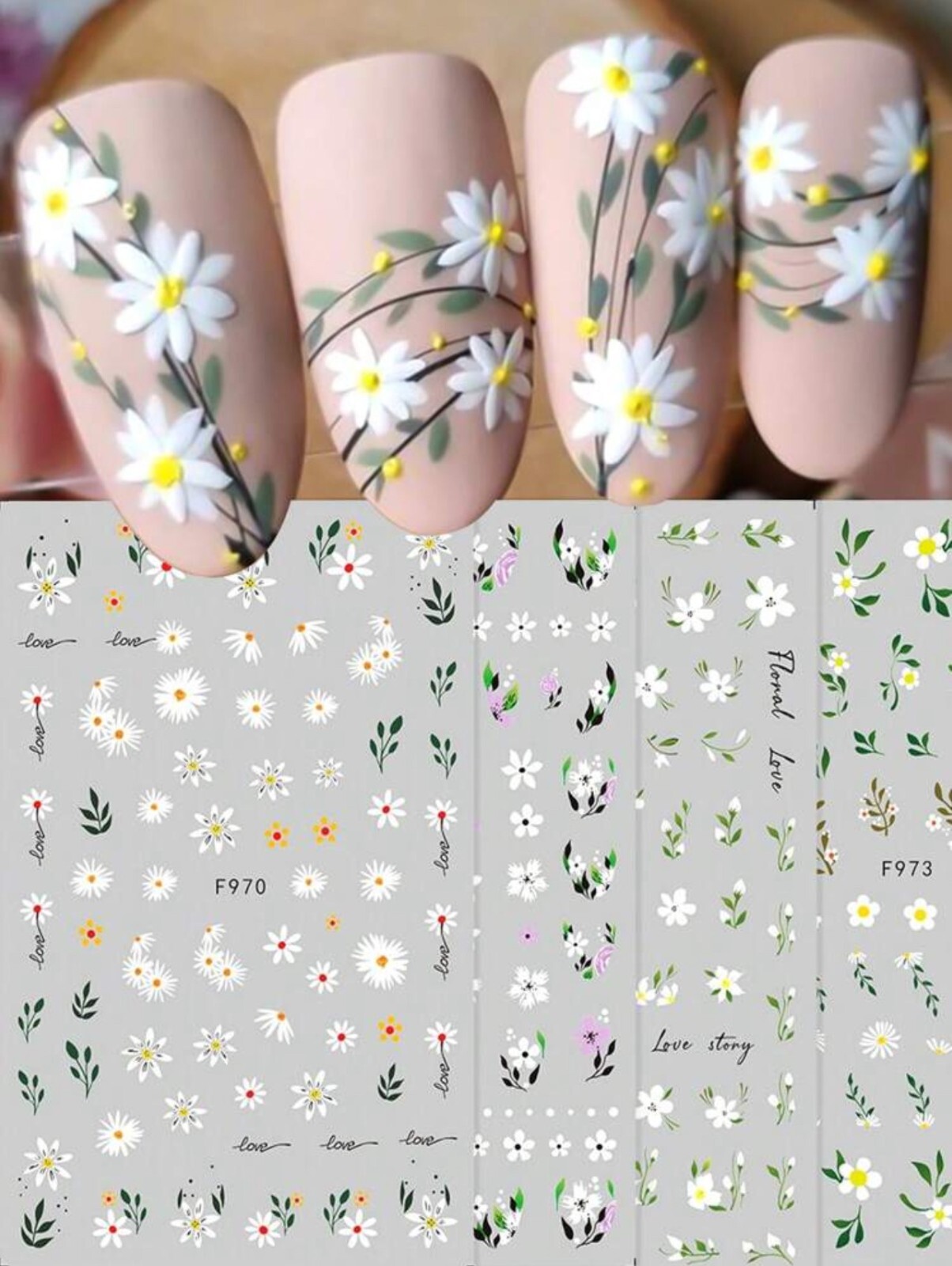 Nail Art Stickers Decals Spring Summer Flowers Floral Daisy Fern Leaf