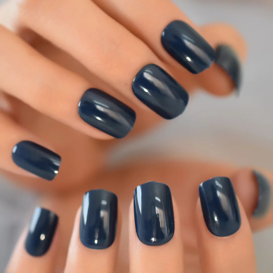 24 Short Press on nail kit w/ glue Dark Blue Navy Gel glossy