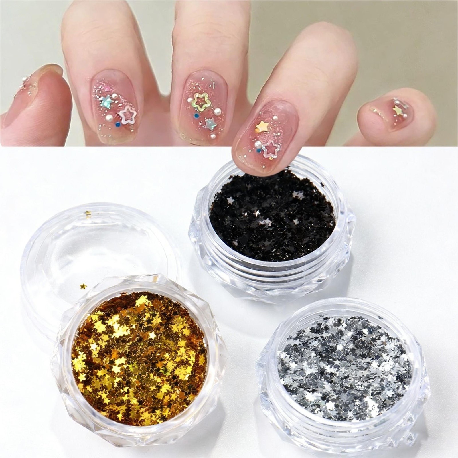3-Color Five-Point Star Sequins, Chunky Glitter Set for Trendy Nail Decor Crafts
