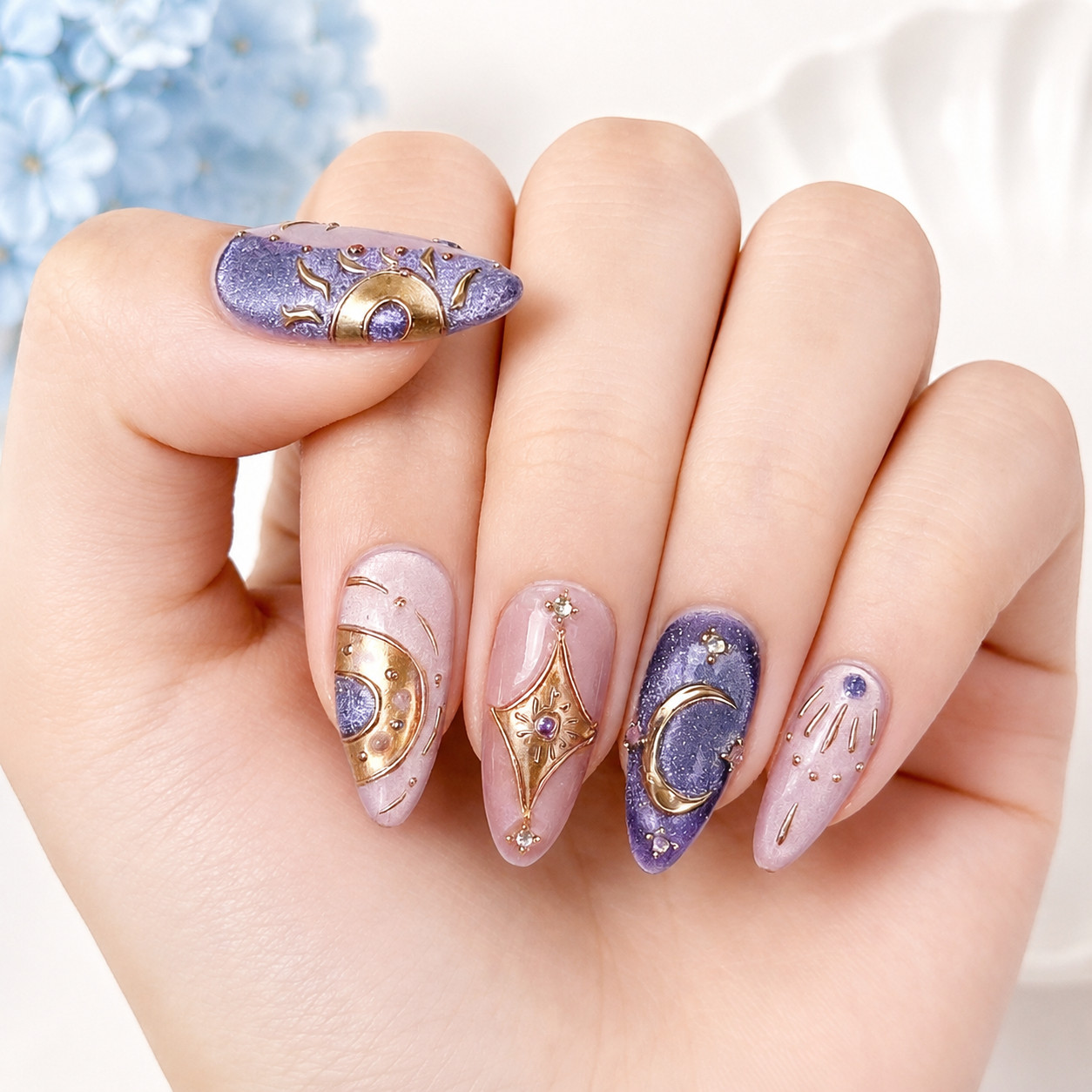 Press On Nails Medium Almond Celestial Moon Star Gold Purple Rhinestone Nail Set