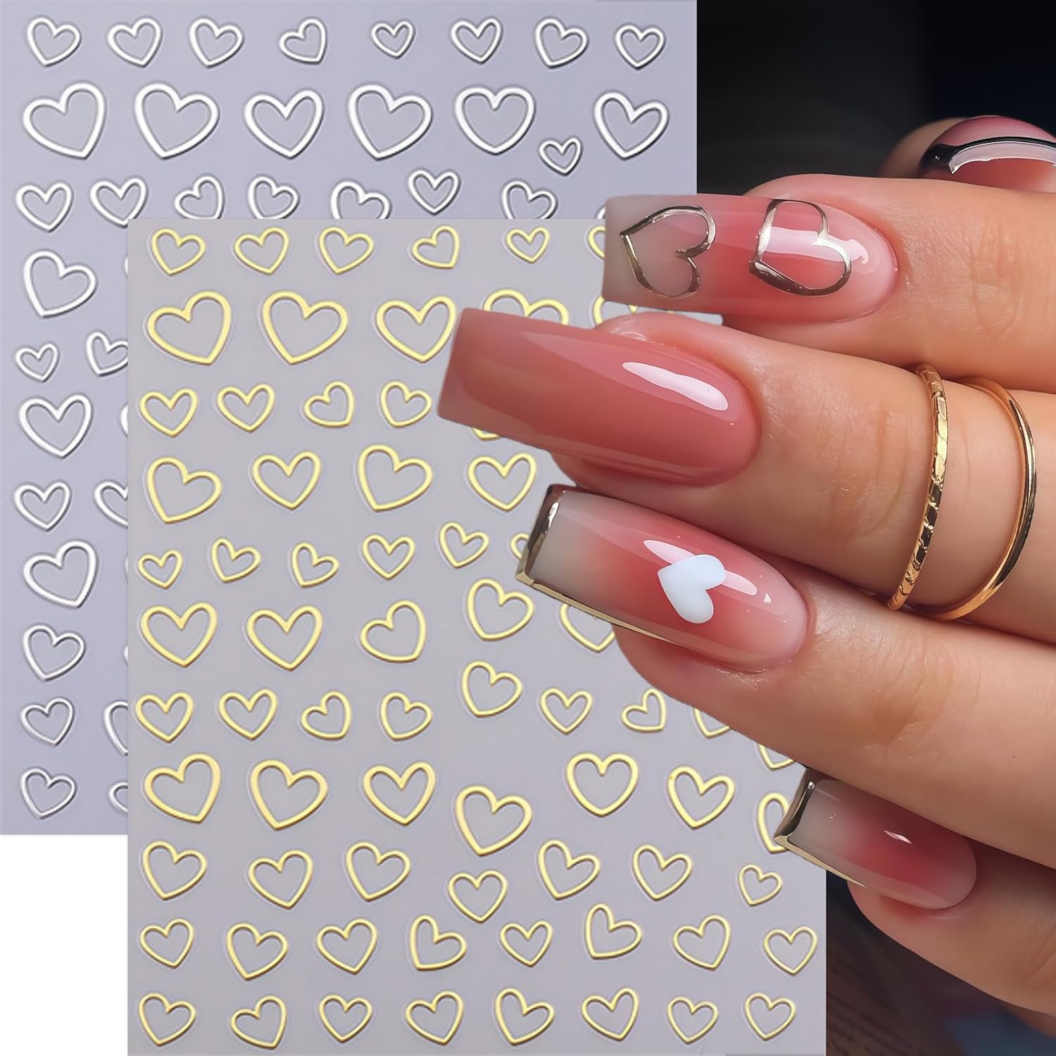 8 Sheets Valentines Day Nail Art Stickers 3D Gold Silver White Rose Gold Hollow