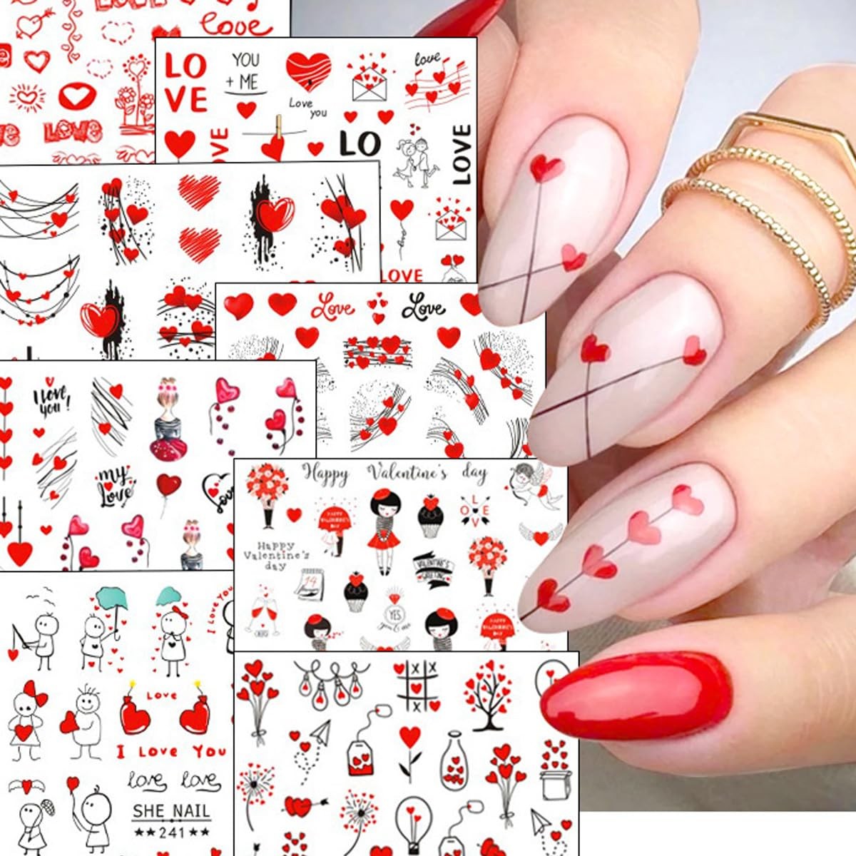 8Sheets Valentine’s Day Nail Art Stickers 3D -Adhesive Nail Decals Valentines…
