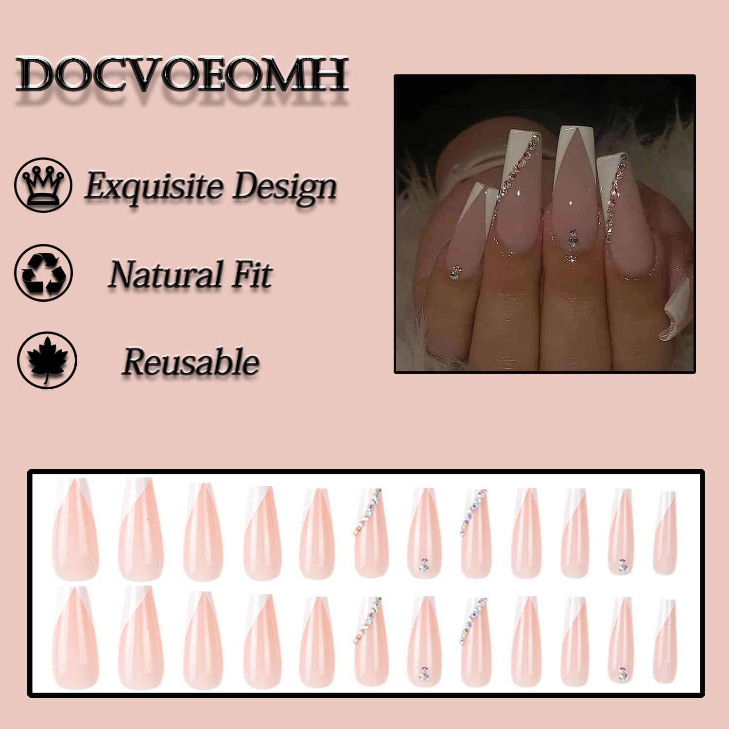 DOCVOEOMH French Tip Press on Nails Long Large, Rhinestone White A01