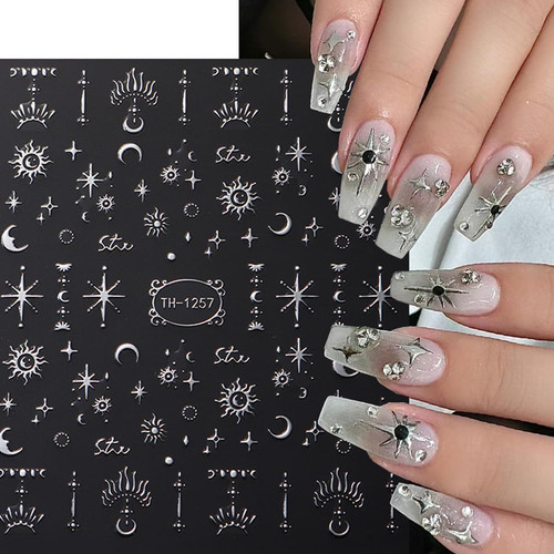 6 Sheets Metallic Nail Art Stickers Decals-3D Self-Adhesive Sun Stars Silver
