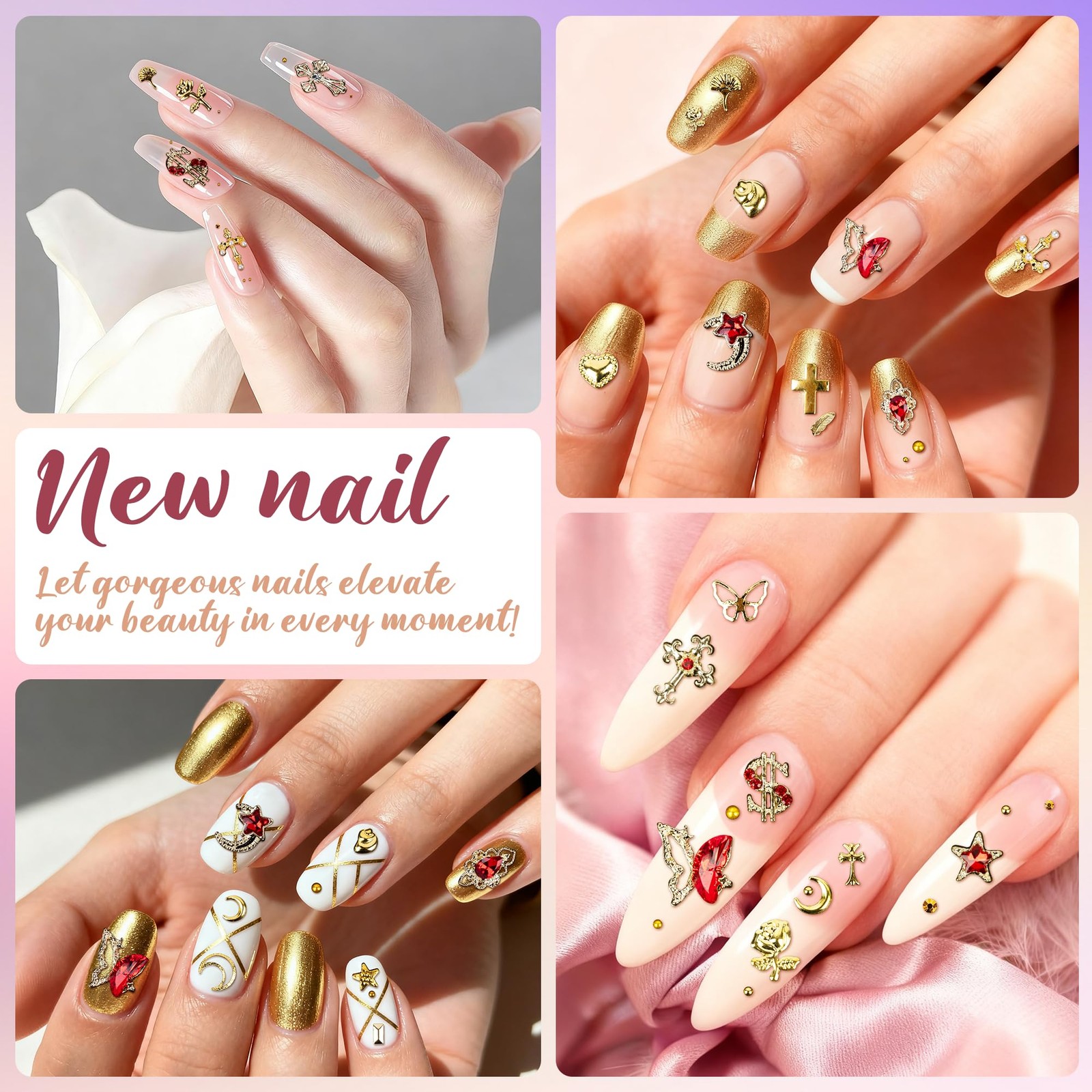 Gold Nail Charms and Nail Gems with 4 Boxes of Rhinestones 3D Metal for Nail …