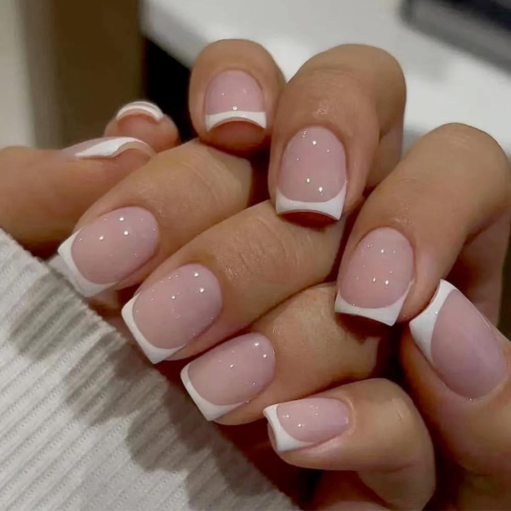 Short Press on Nails 24pcs Square Fake False Nails with White French Tip Desi…