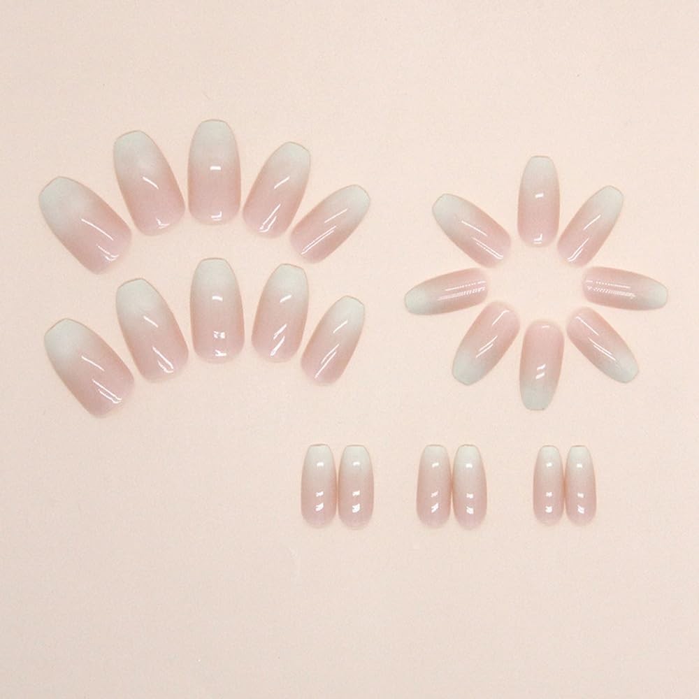 Ombre White Press on Nails Coffin Short Medium Pink on Nails with Gradient De…