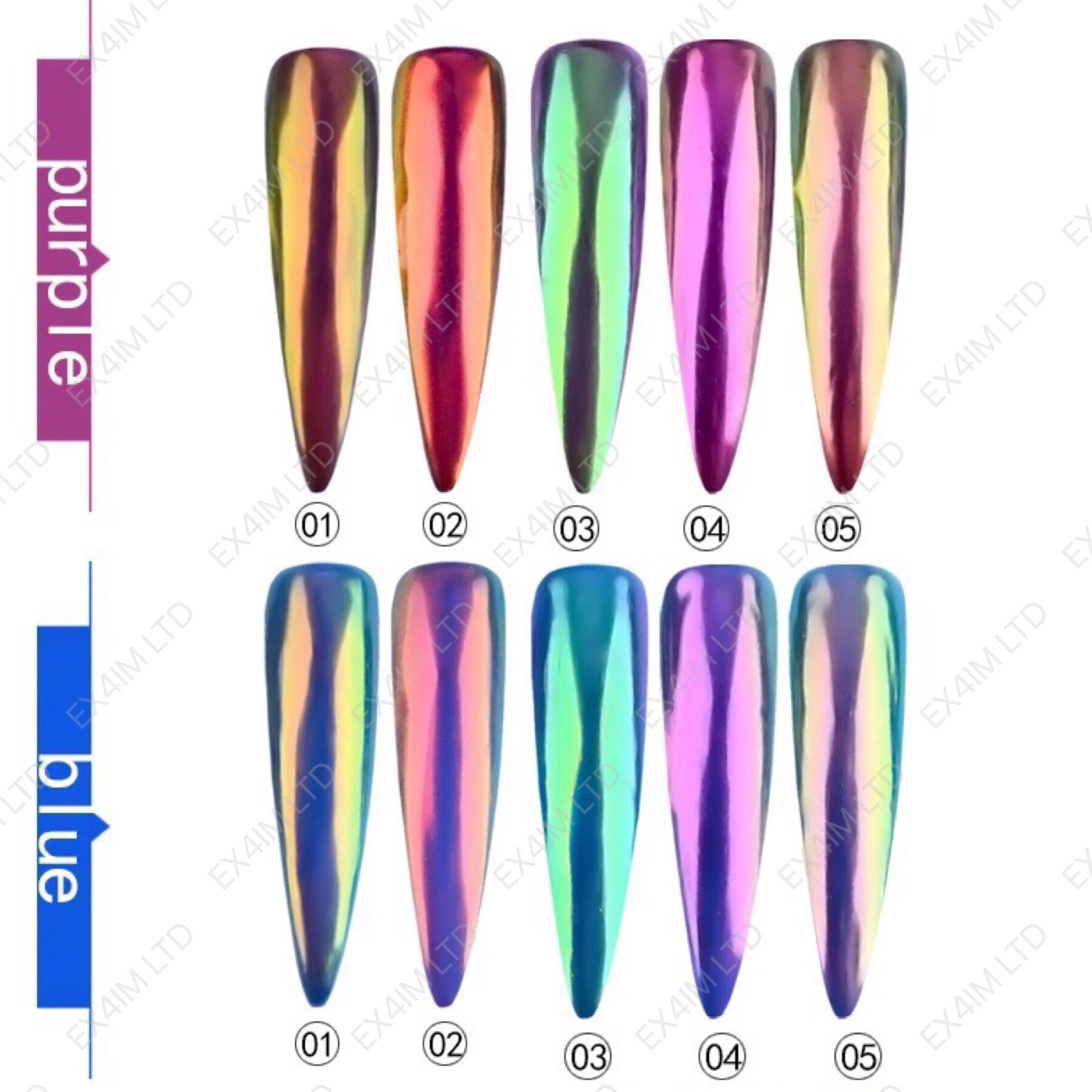 AURORA Nail Powder AB UNICORN RAINBOW 5 Colours CHROME Mirror Effect Mermaid UK