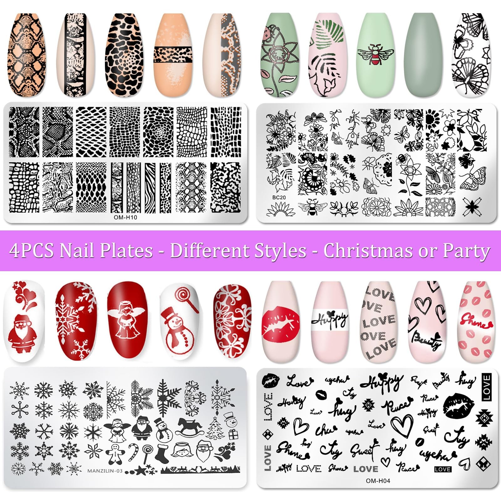 Nail Stamper Plate Kit, 4x Nail Stamping Plates +Dual-end Silicone Nail Art S…