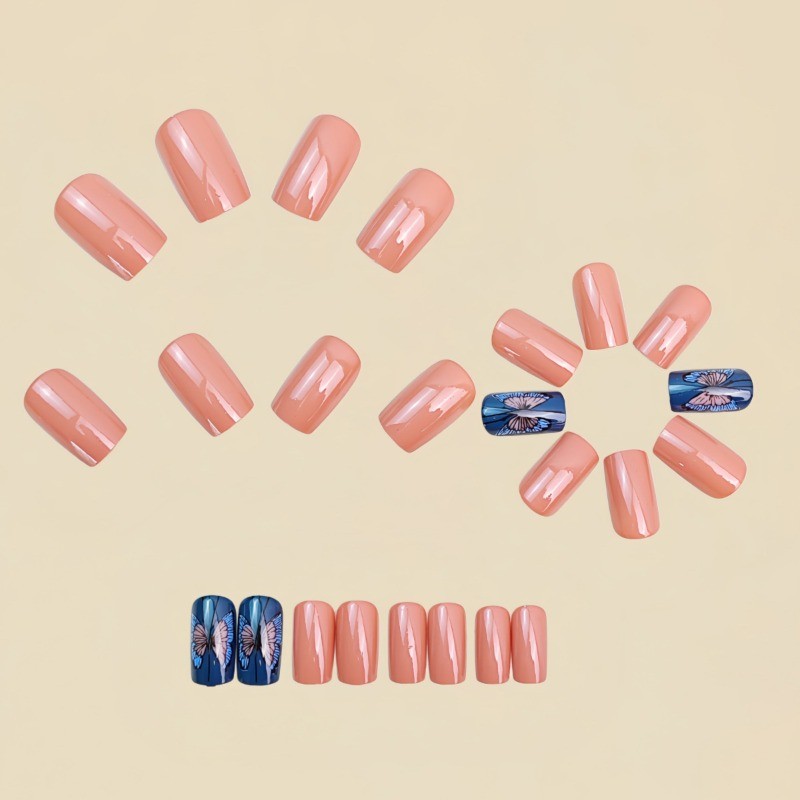48Pcs-Long Square Nude White Line Black Butterfly Printed Press on Nails Set