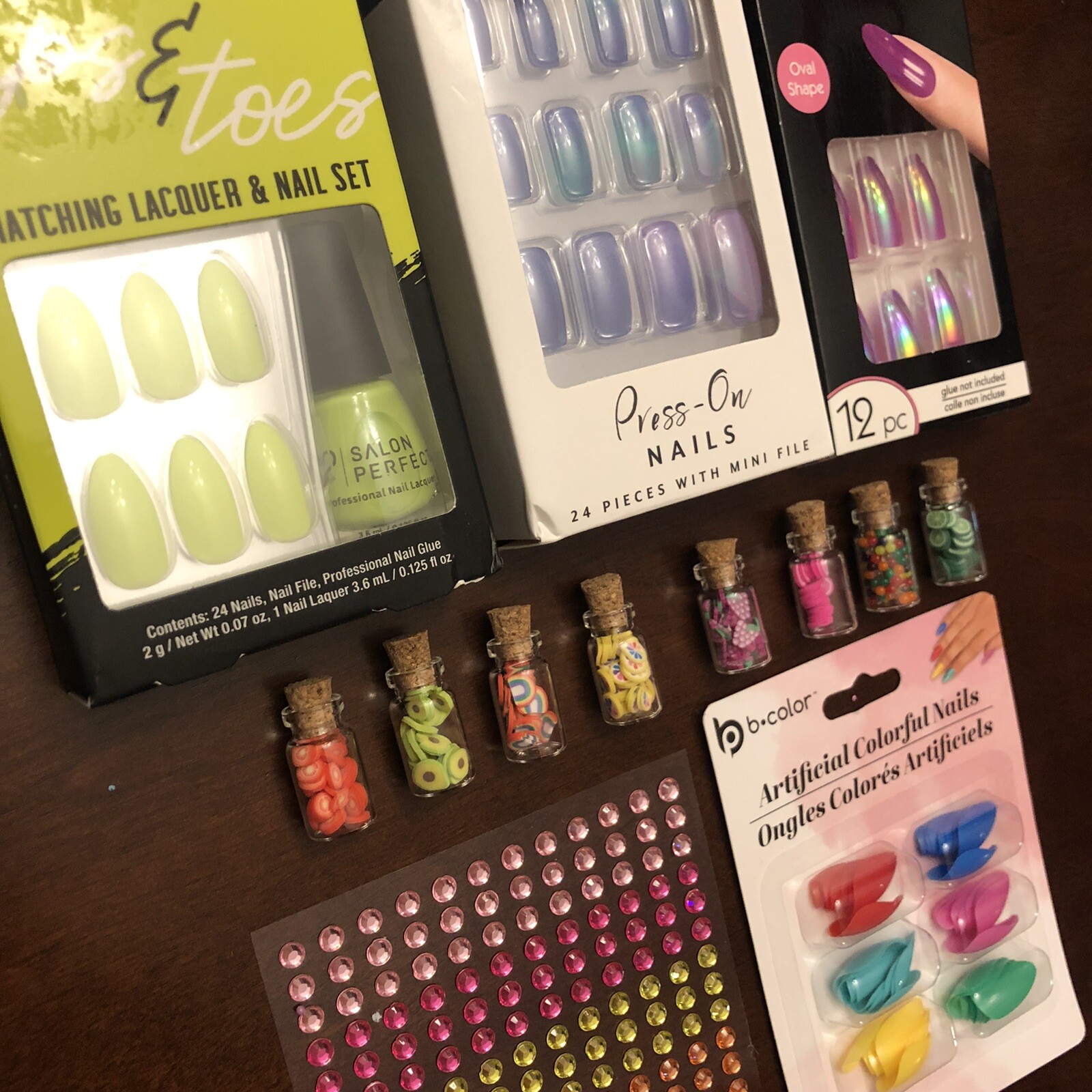 NAIL ART LOT 4X PRESS ON NAILS Adhesive Gems Food Miniatures Acrylic Jewels Jars