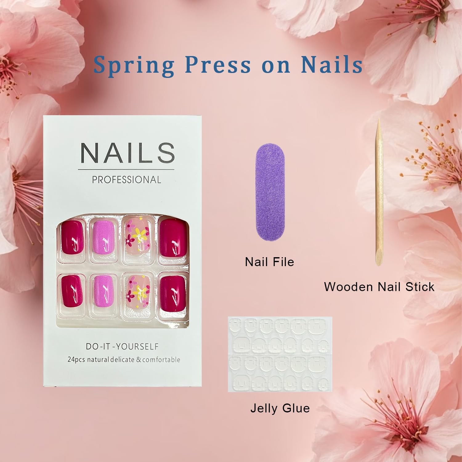 Pink Press on Nails Short Square Fake Nails with Yellow Flower Design Pink Fl…