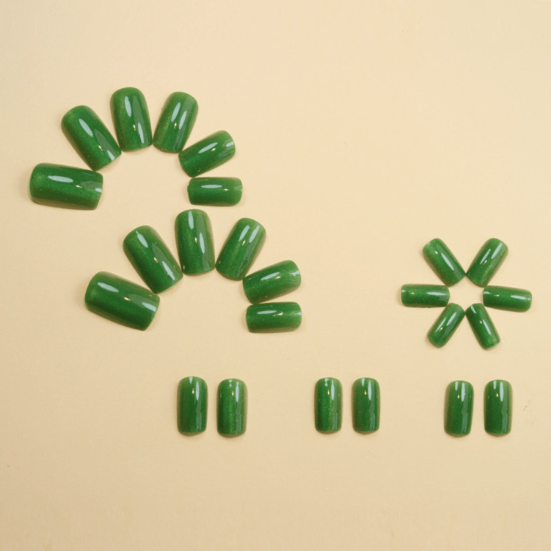 48 Pcs Dark Green Cat Eye Short Square Press on Nails, Elegant Daily Fake Nails