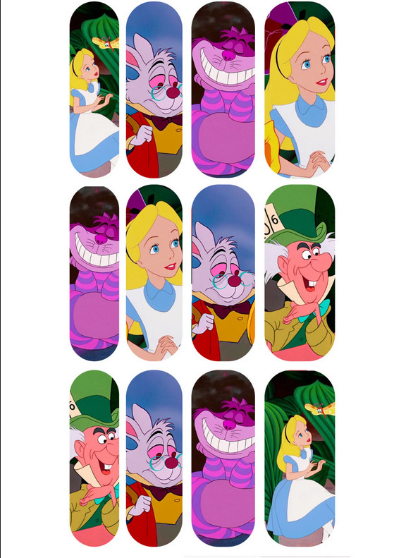 Alice in Wonderland Nail Art Stickers waterslide wraps cartoon nail Decals 12 pc