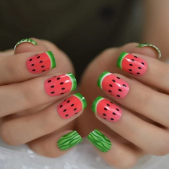 24 Short Watermelon Press On Nails kit glue on pink green seeds cute funny