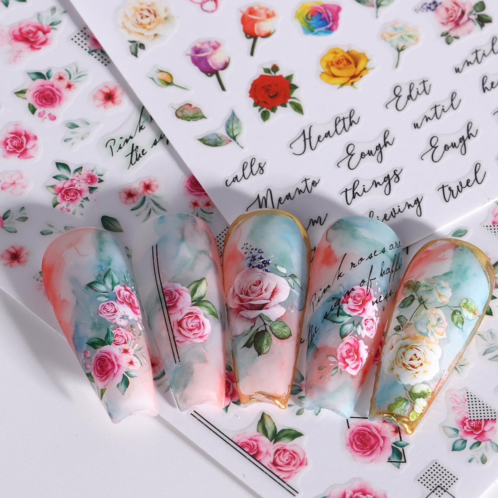 Rose Flower Nail Stickers Decals 12 PCS Romantic Red Pink Rose Nail Art Stick…