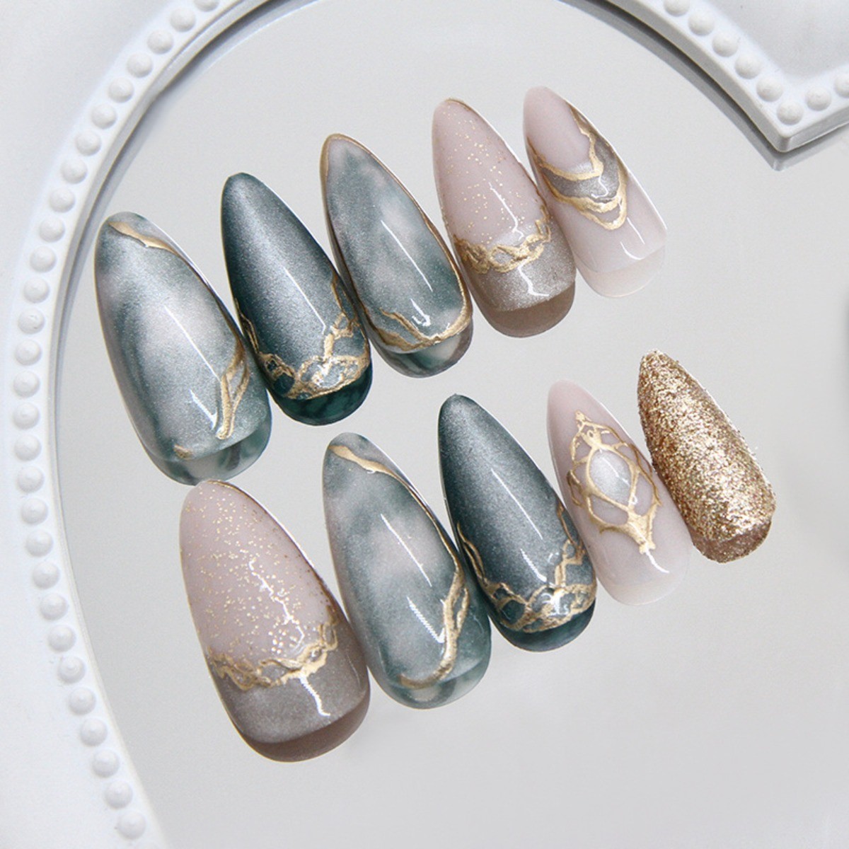 48Pcs-Long Almond Teal Ink Marble Metallic Gold Frame Rhinestone Press on Nails