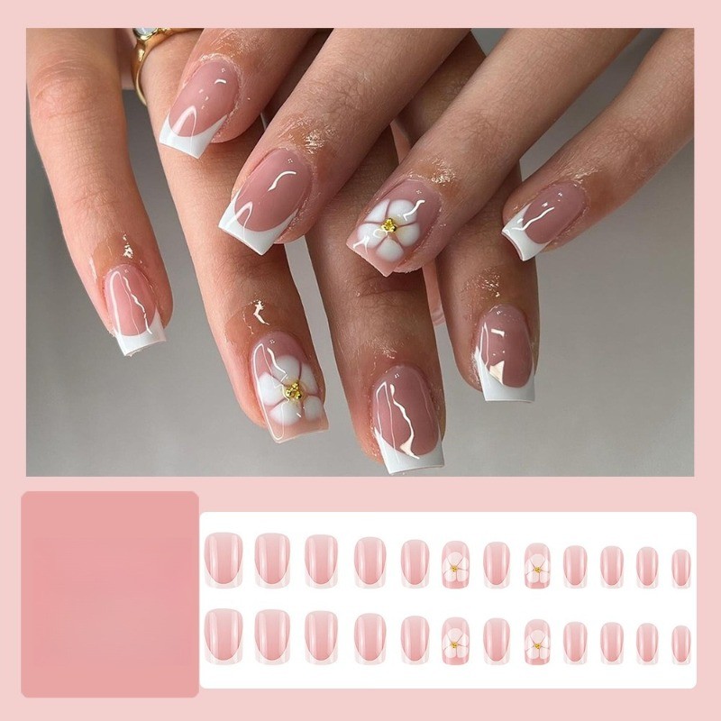 48pcs-Nude Pink French Press on Nails, Medium Square with White Flower Details