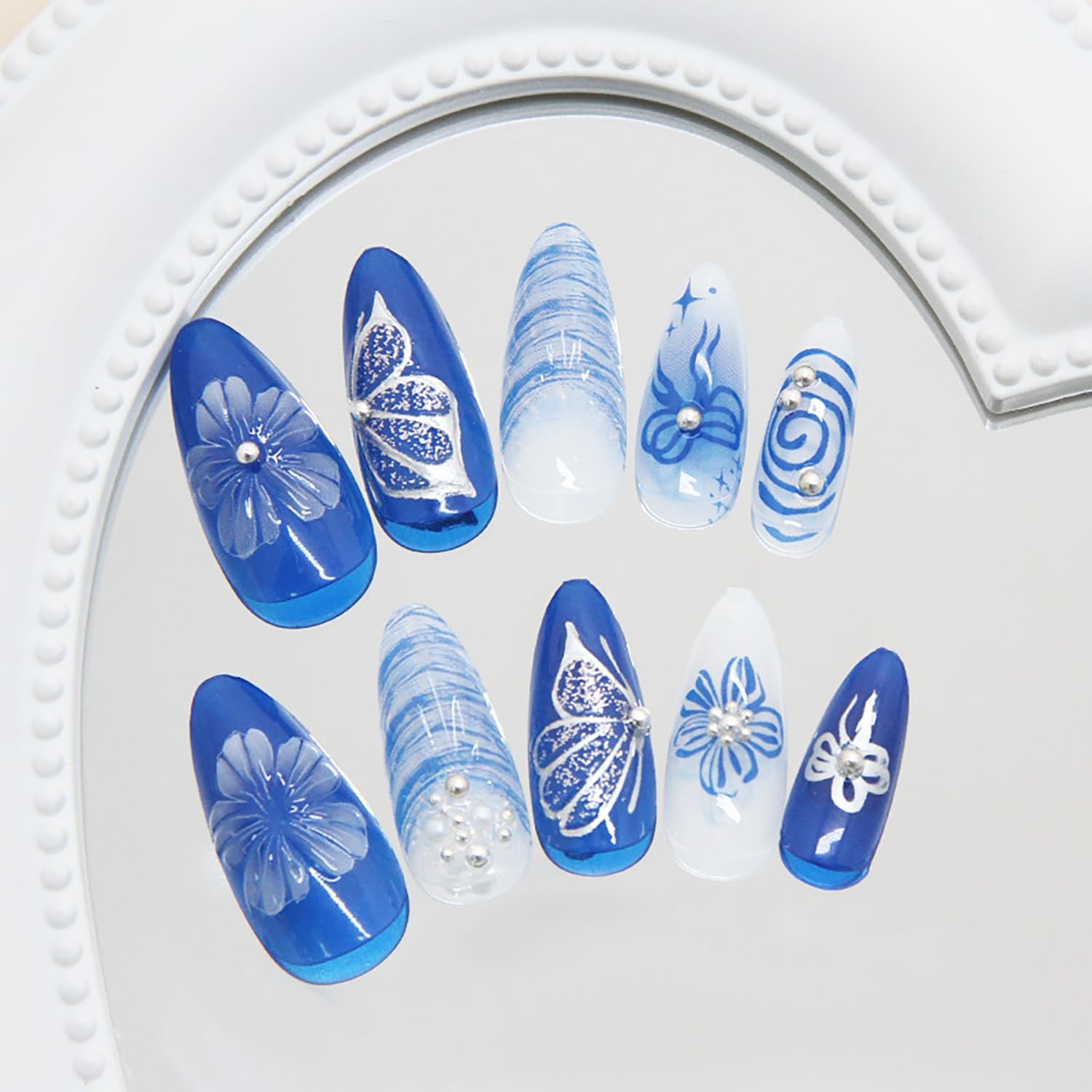 24Pcs Blue Press on Nails Medium Almond Fake Nails with 3D Flower Bow Butterf…