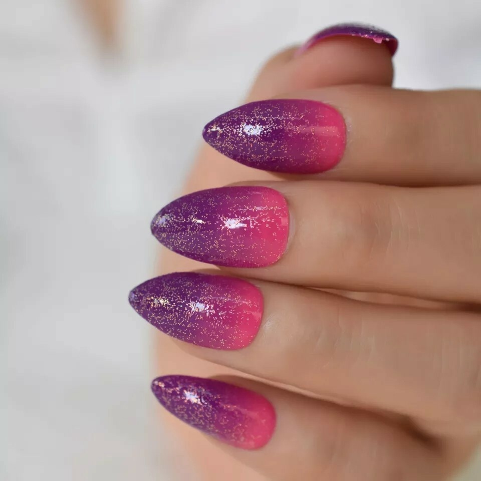 24 Ombre pink purple Press On Nails w/ Glue pointed almond stiletto glitter