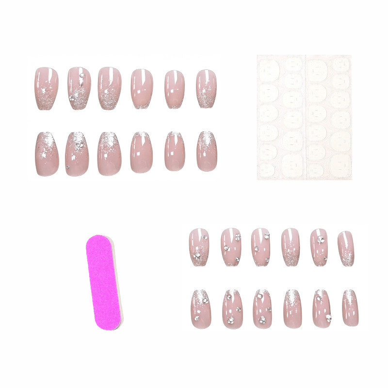 48pcs Short Square Press on Nails, Nude Silver Glitter Rhinestone Daily Nails