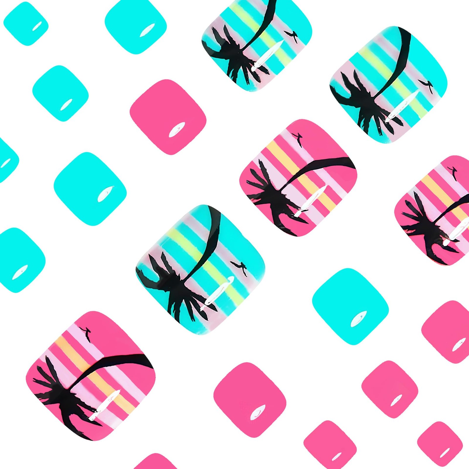 48Pcs Summer Press on Nails and Toes Matching Set Palm Tree Medium, Style-18